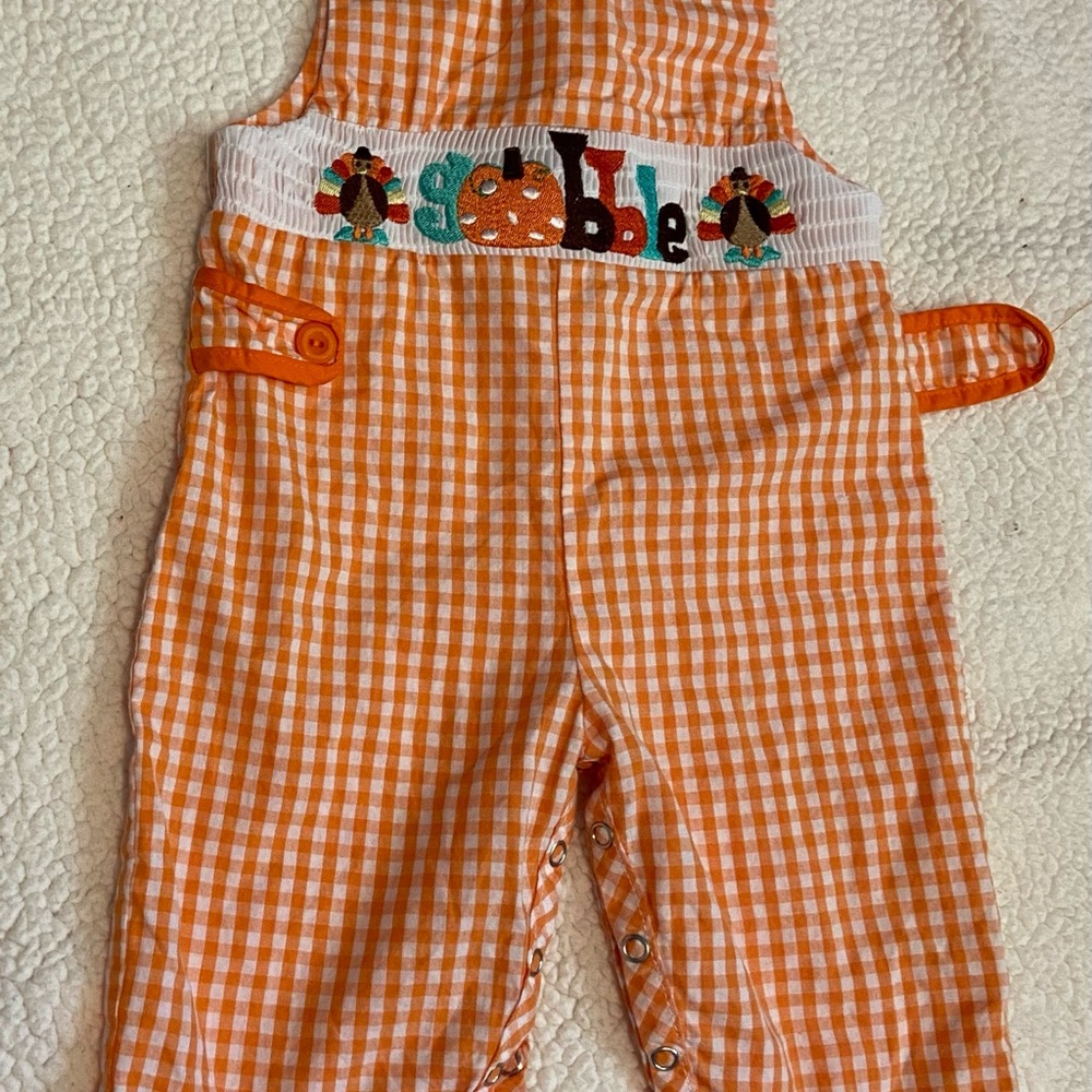 Thanksgiving Gobble Orange Checkered Kids Overalls